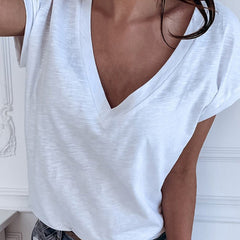 Casual Solid Color Short Sleeve V Neck T-shirt