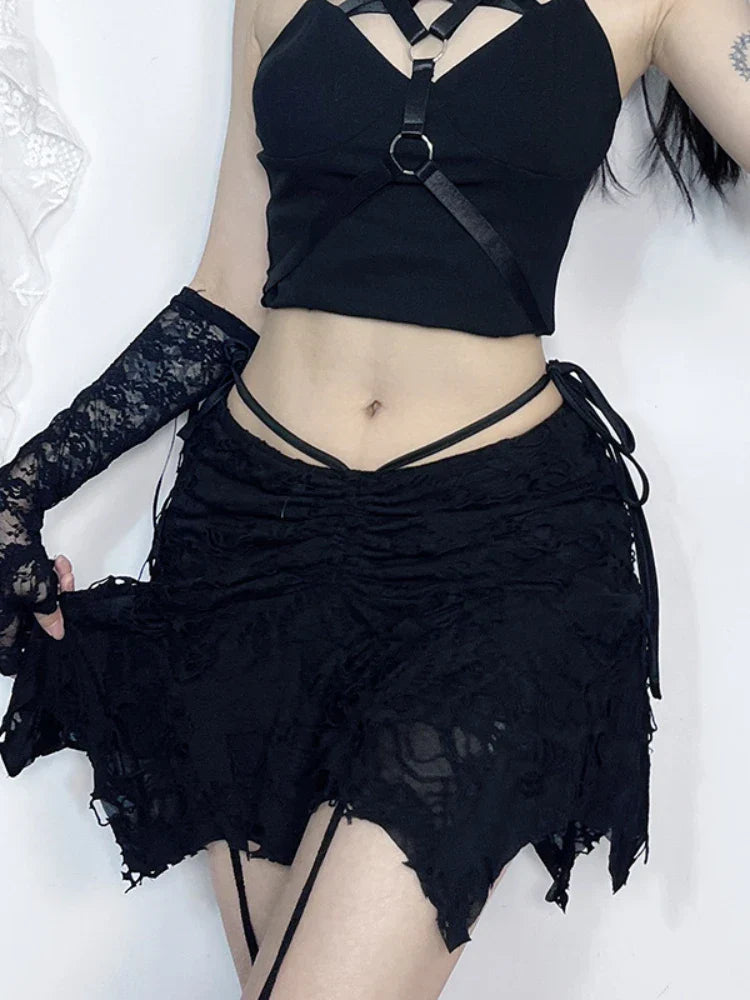 Goth Black Holes Lace-up Mini Vintage Folds Irregular Bodycon Short New Fashion Skirt