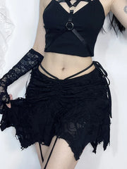 Goth Black Holes Lace-up Mini Vintage Folds Irregular Bodycon Short New Fashion Skirt