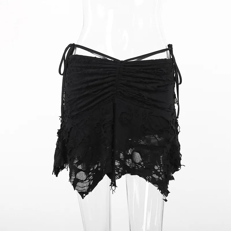 Goth Black Holes Lace-up Mini Vintage Folds Irregular Bodycon Short New Fashion Skirt