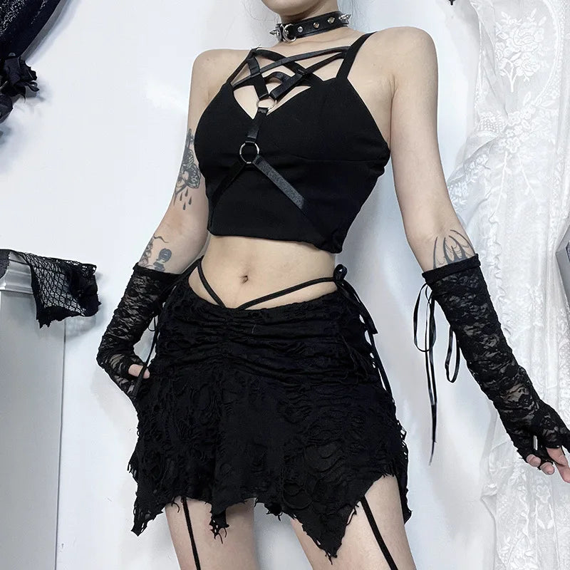 Goth Black Holes Lace-up Mini Vintage Folds Irregular Bodycon Short New Fashion Skirt