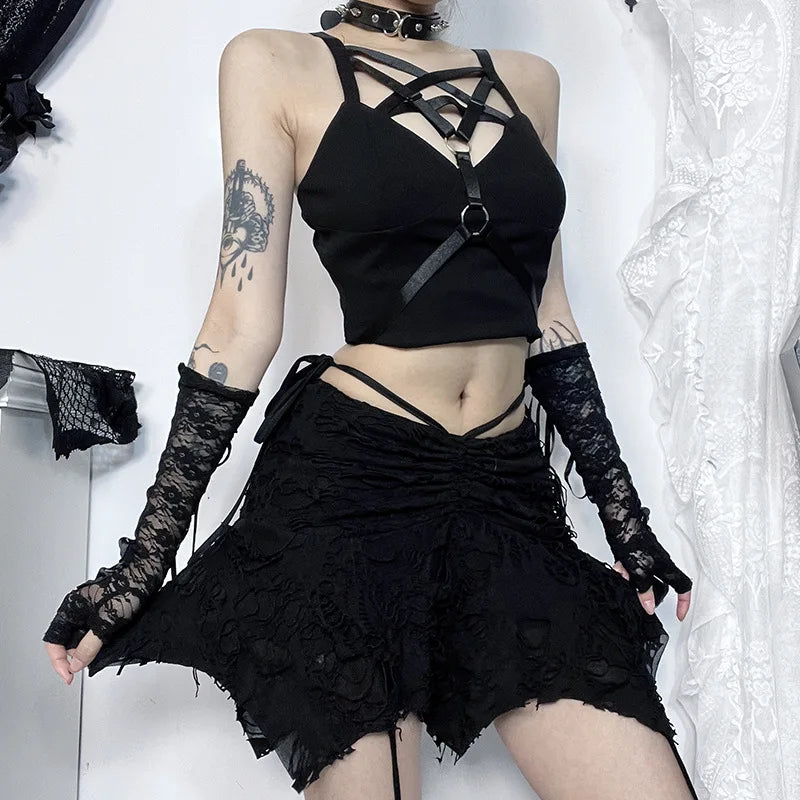 Goth Black Holes Lace-up Mini Vintage Folds Irregular Bodycon Short New Fashion Skirt