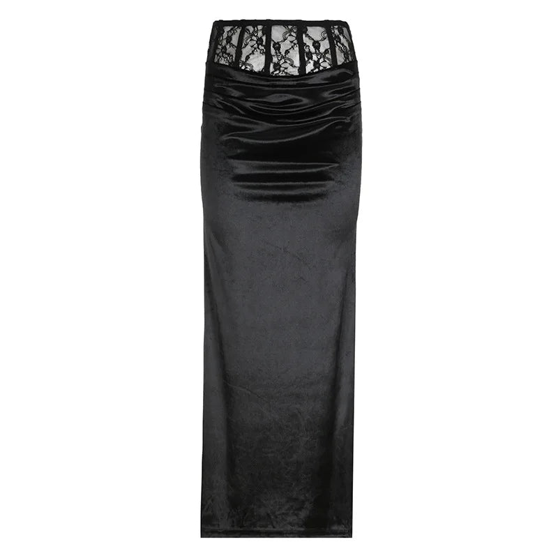 Goth Dark Elegant Mall Gothic Velvet Trumpet Y2k Partywear Lace Patchwork Long Skirt