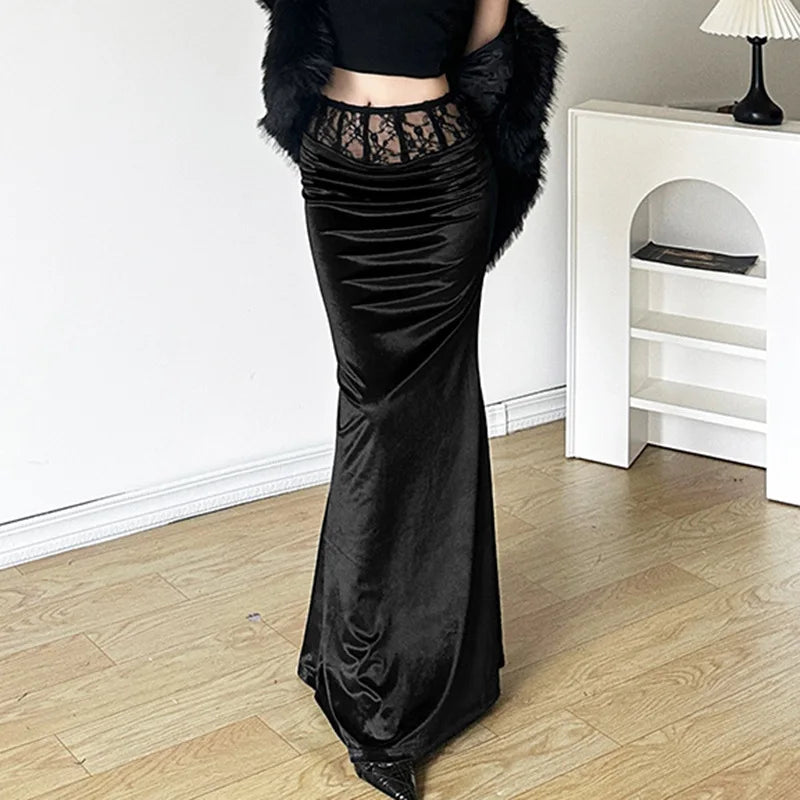 Goth Dark Elegant Mall Gothic Velvet Trumpet Y2k Partywear Lace Patchwork Long Skirt