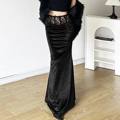 Goth Dark Elegant Mall Gothic Velvet Trumpet Y2k Partywear Lace Patchwork Long Skirt