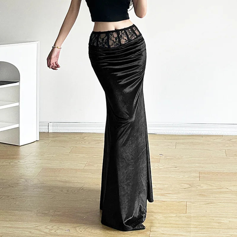 Goth Dark Elegant Mall Gothic Velvet Trumpet Y2k Partywear Lace Patchwork Long Skirt