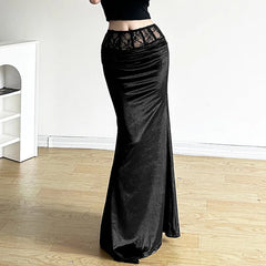 Goth Dark Elegant Mall Gothic Velvet Trumpet Y2k Partywear Lace Patchwork Long Skirt