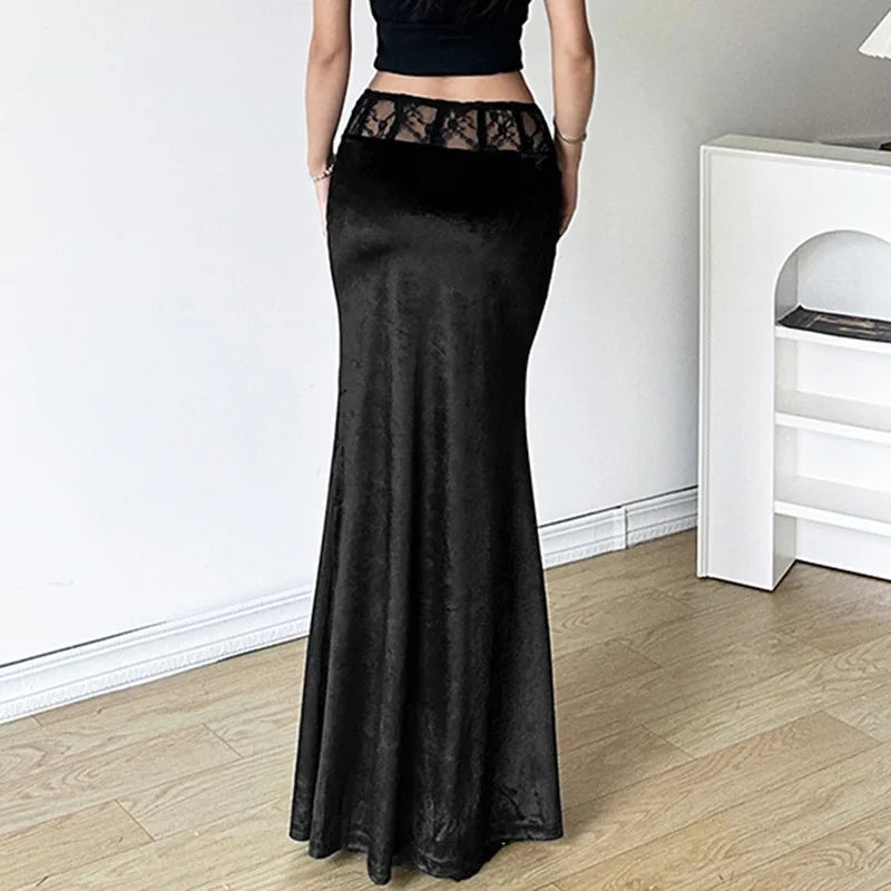 Goth Dark Elegant Mall Gothic Velvet Trumpet Y2k Partywear Lace Patchwork Long Skirt