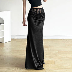 Goth Dark Elegant Mall Gothic Velvet Trumpet Y2k Partywear Lace Patchwork Long Skirt