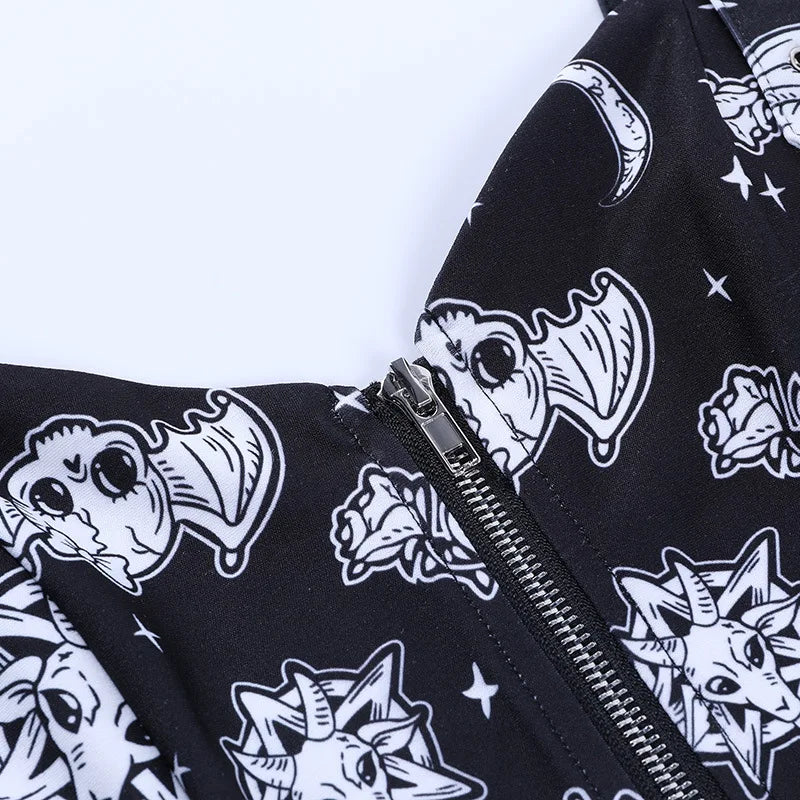 Gothic Print Backless Y2K Punk Zip Up Corset Crop Top