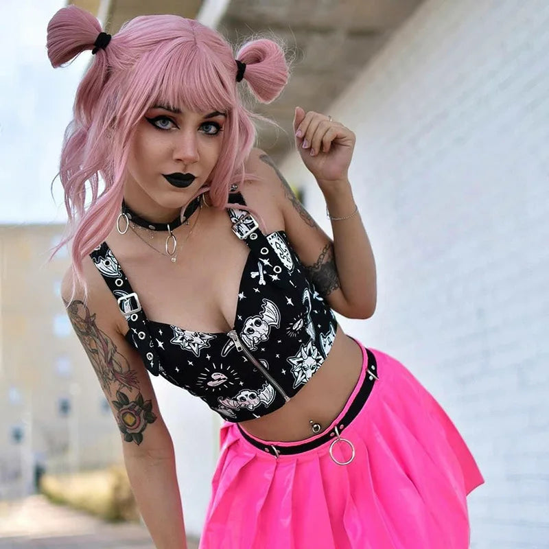 Gothic Print Backless Y2K Punk Zip Up Corset Crop Top