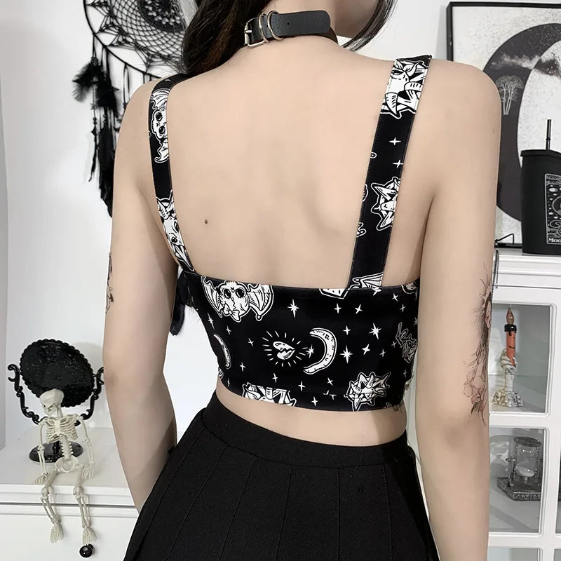 Gothic Print Backless Y2K Punk Zip Up Corset Crop Top