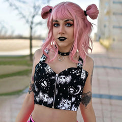 Gothic Print Backless Y2K Punk Zip Up Corset Crop Top
