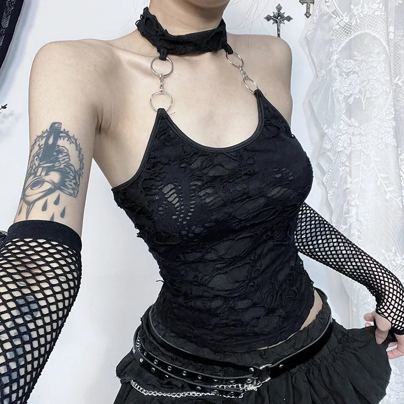 Gothic Halter Cyberpunk Y2K Backless Ring Bodycon Harajuku Basic Crop Top