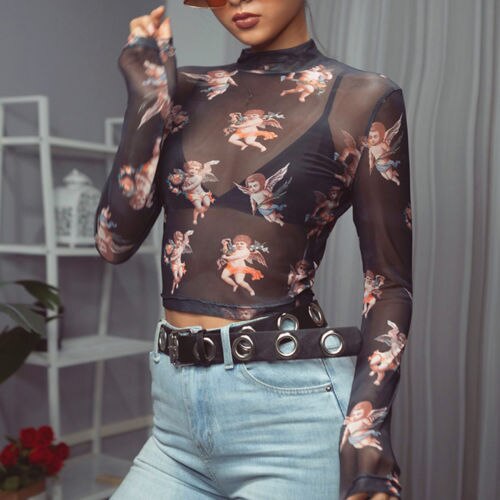 Gothic Print Mesh T-shirt