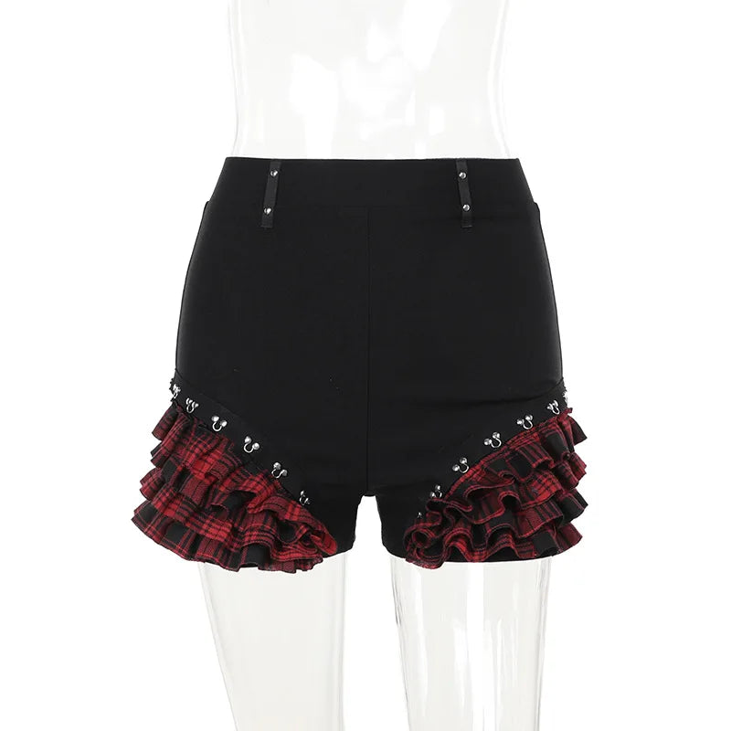 Gothic Summer New Arrival Landmine Series Plaid Patchwork Shorts Spicy Girl Halter Waist-Cinch Y2K Vest Skirt