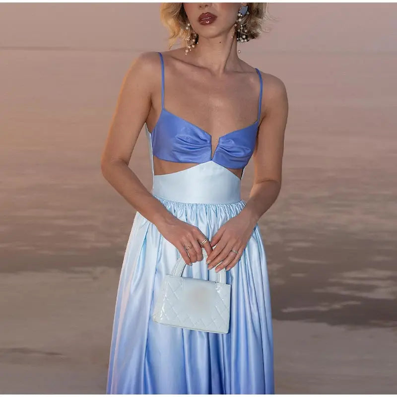 Gradient Hollow Out Pleated Sleeveless Sling Maxi Dress