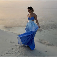 Gradient Hollow Out Pleated Sleeveless Sling Maxi Dress