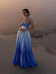 Gradient Hollow Out Pleated Sleeveless Sling Maxi Dress