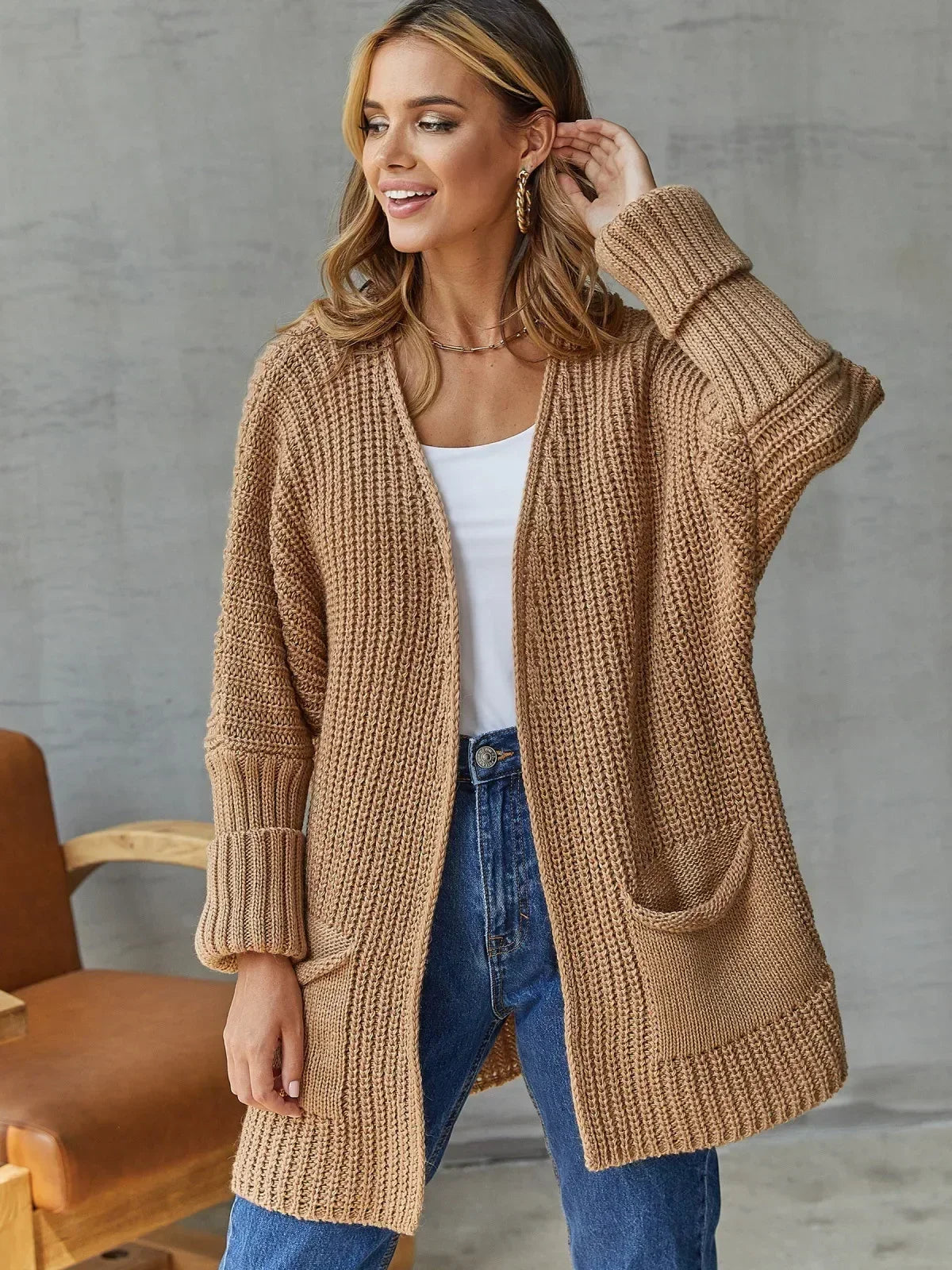 Cardigan Knit Sweater Spring Autumn Winter Sweater Heart Pocket Loose Maxi Coat