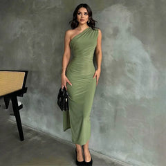One Shoulder Summer Elegant Sleeveless Ruched Charming Stylish Maxi Dress