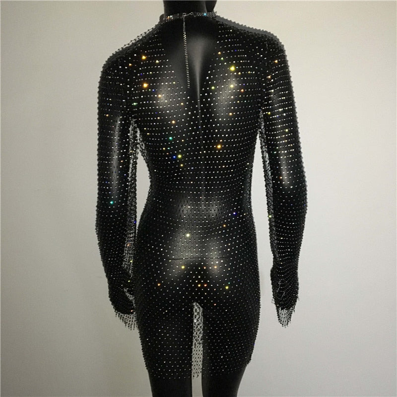 Bling Rhinestones Fishnet Mini Dress Sexy Long Sleeve Crystal Dress
