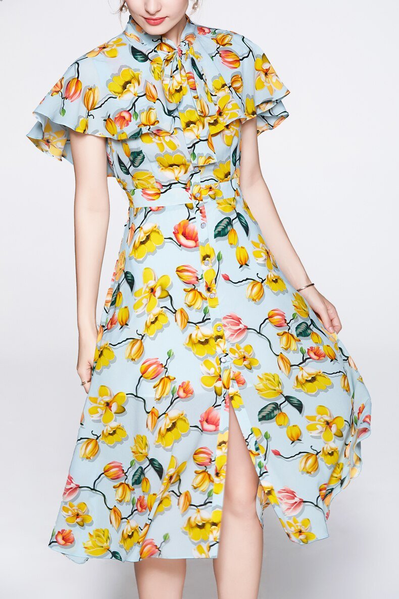 Lace Up Bow Collar Ruffles Printed Cape Sleeves Elegant Holiday Dress