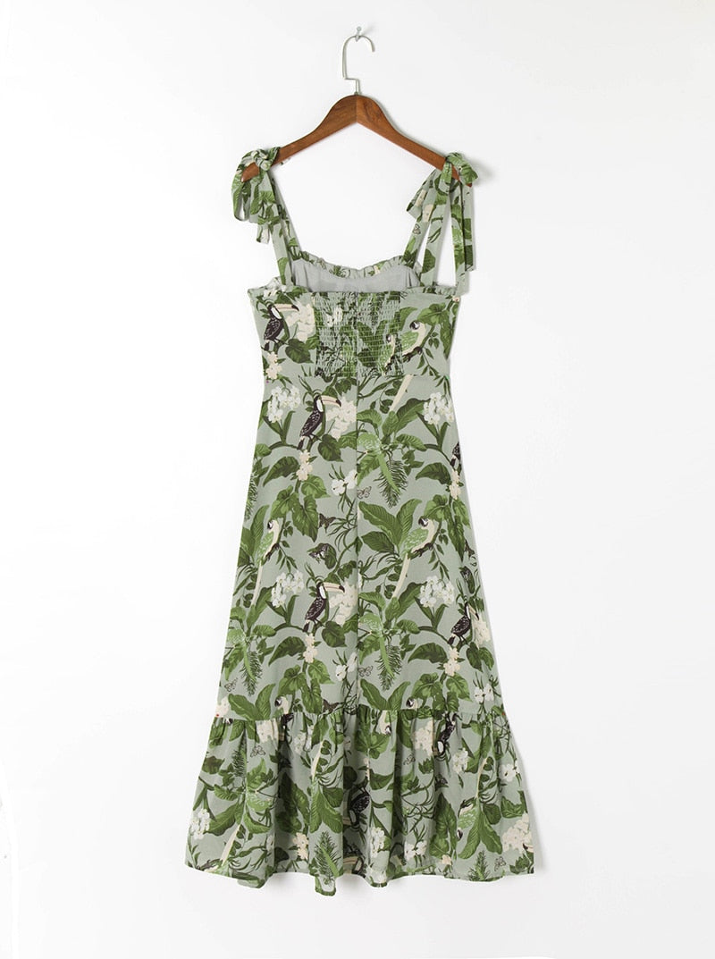 Elegant Ruffle Hem Beach Summer Dress Sweetheart Neck Tie Strap Midi Dress