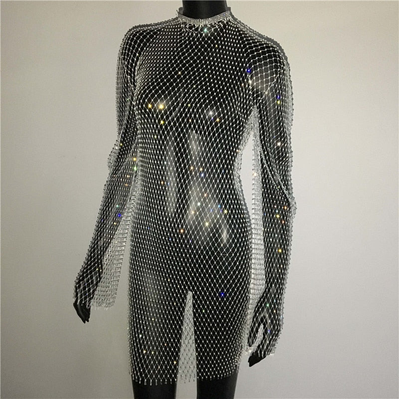 Bling Rhinestones Fishnet Mini Dress Sexy Long Sleeve Crystal Dress