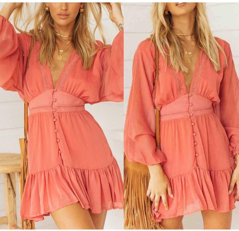 V Neck WomenSpring Summer Dress Lace Long Sleeve Mini Party Dress