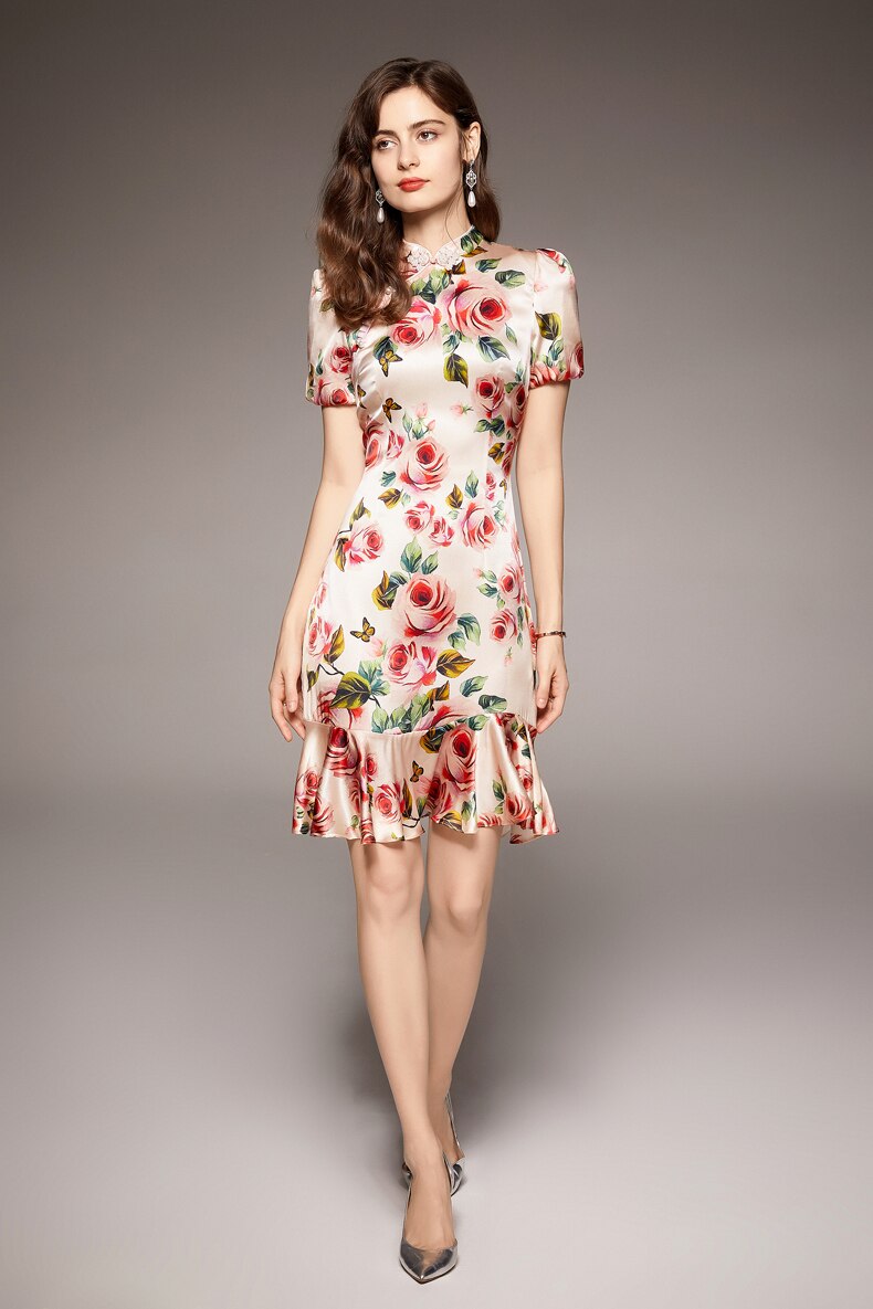 Vintage Stand Collar Short Sleeves Floral Printed Ruffles Elegant Dress Vestidos