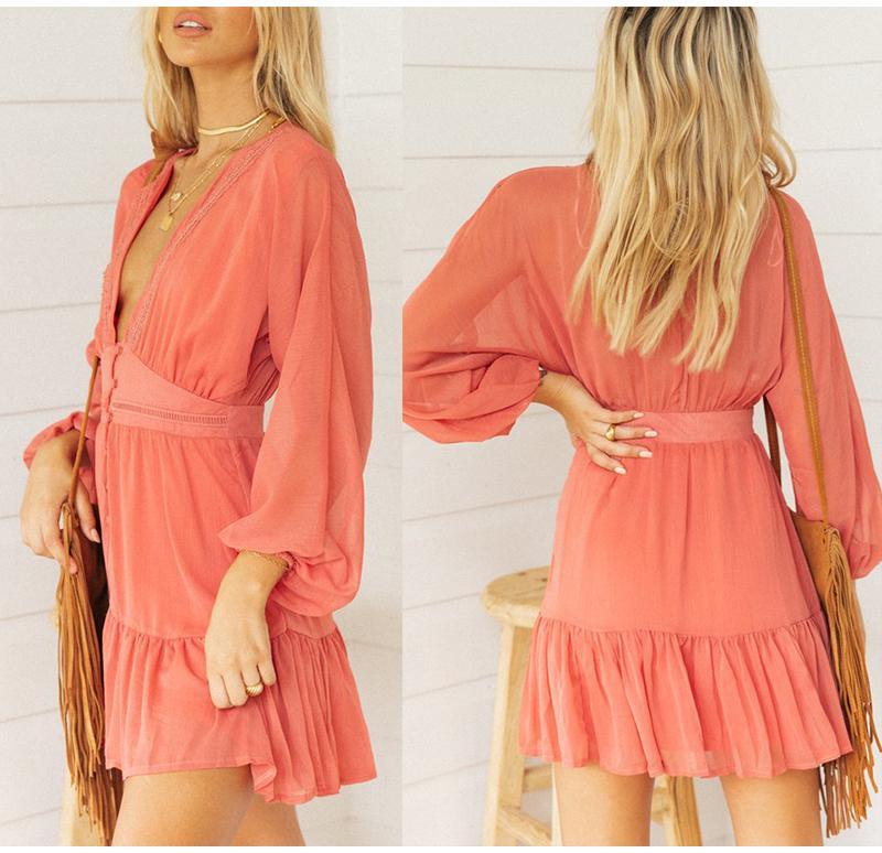 V Neck WomenSpring Summer Dress Lace Long Sleeve Mini Party Dress