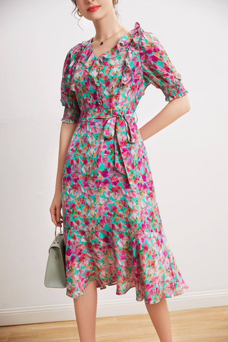 V Neck Short Sleeves Ruffles Sash Belt Printed Fashion Summer Dress