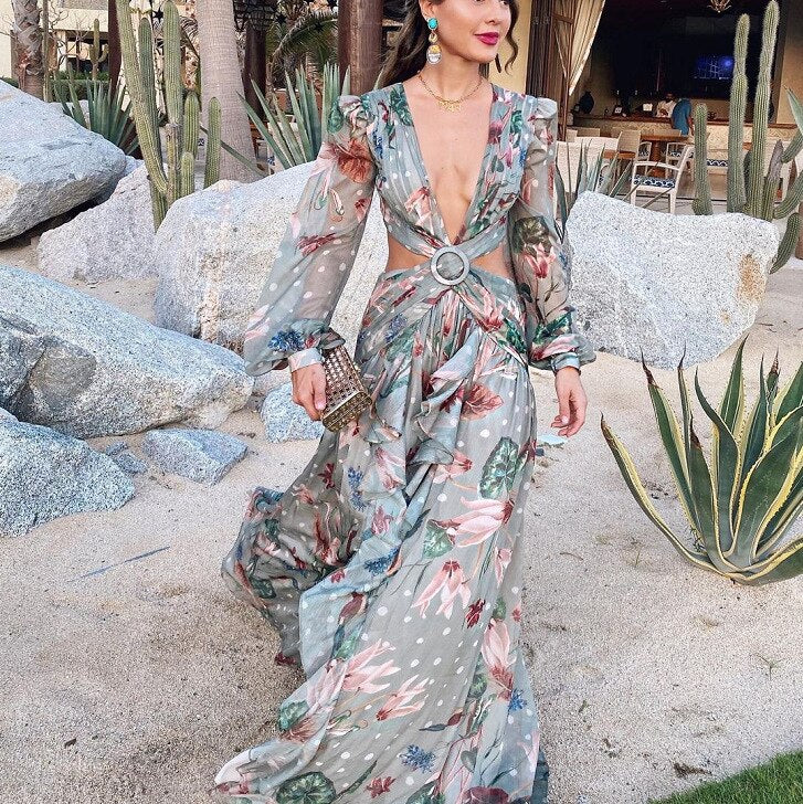 Long Sleeved Ruffles Deep V Neck Long Beach Prom Dresses
