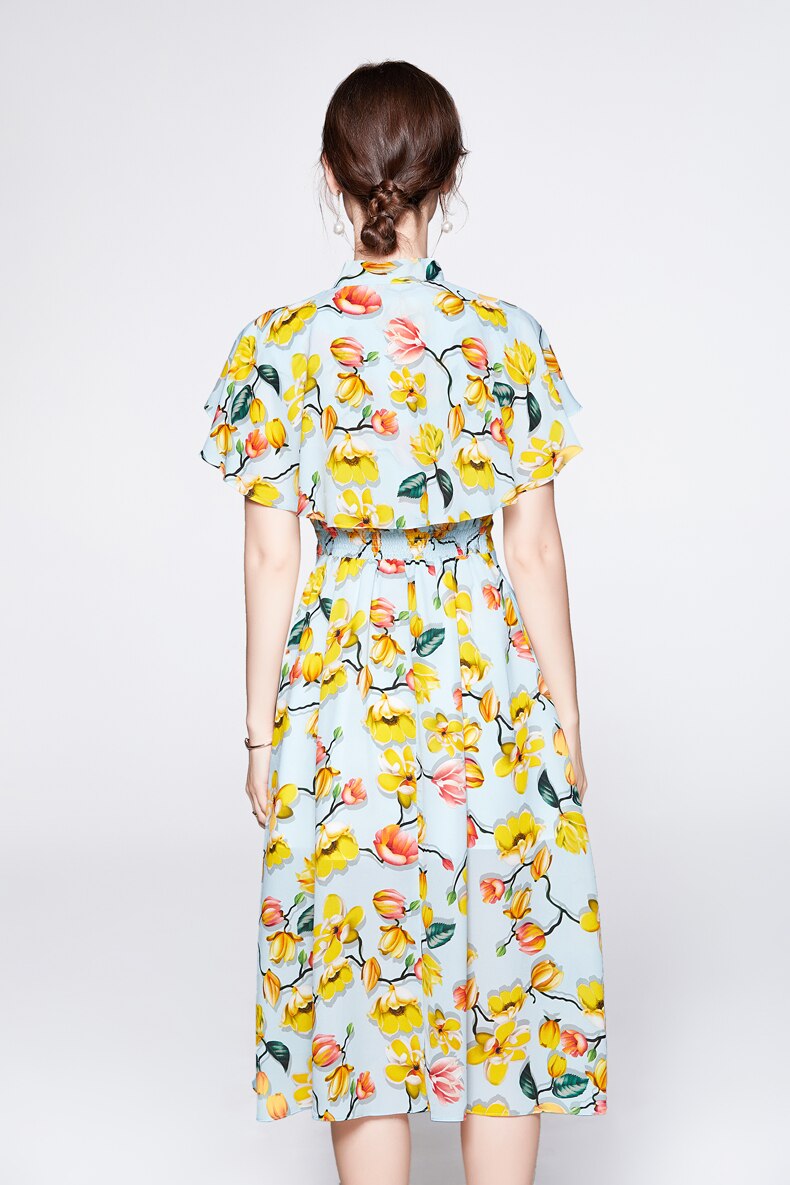 Lace Up Bow Collar Ruffles Printed Cape Sleeves Elegant Holiday Dress