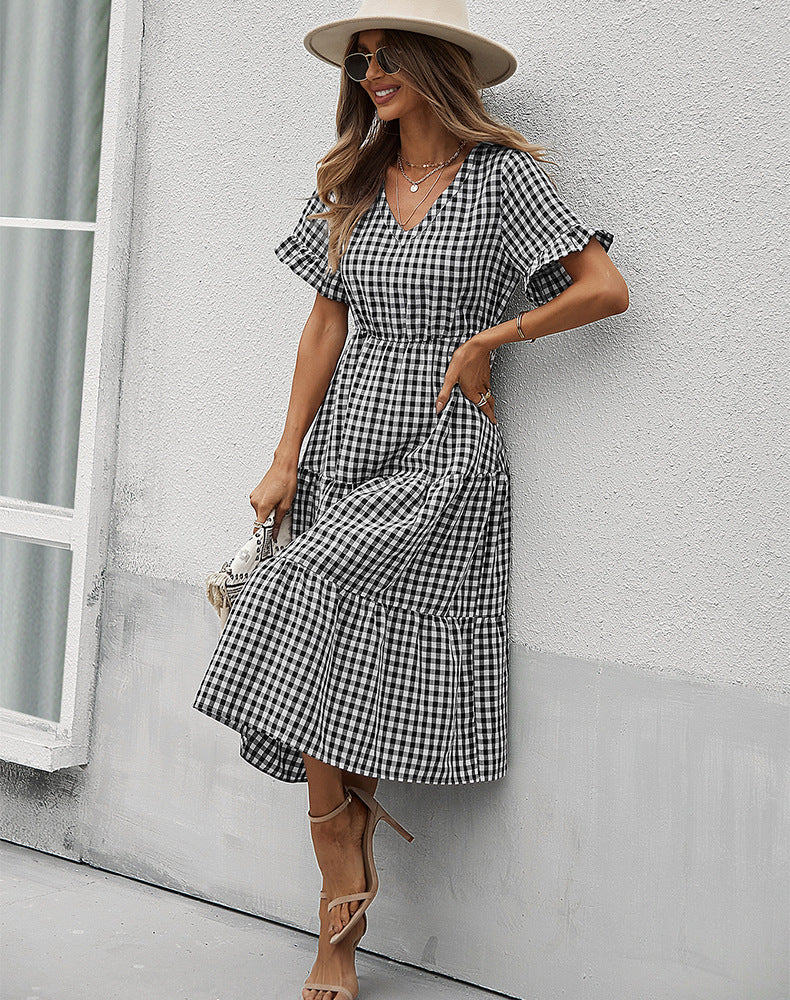 Vintage Plaid Slim Ruffles High Waist Midi Sundress