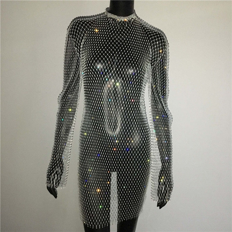 Bling Rhinestones Fishnet Mini Dress Sexy Long Sleeve Crystal Dress