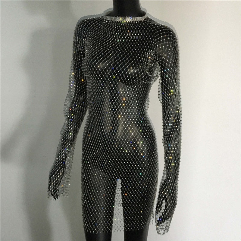 Bling Rhinestones Fishnet Mini Dress Sexy Long Sleeve Crystal Dress