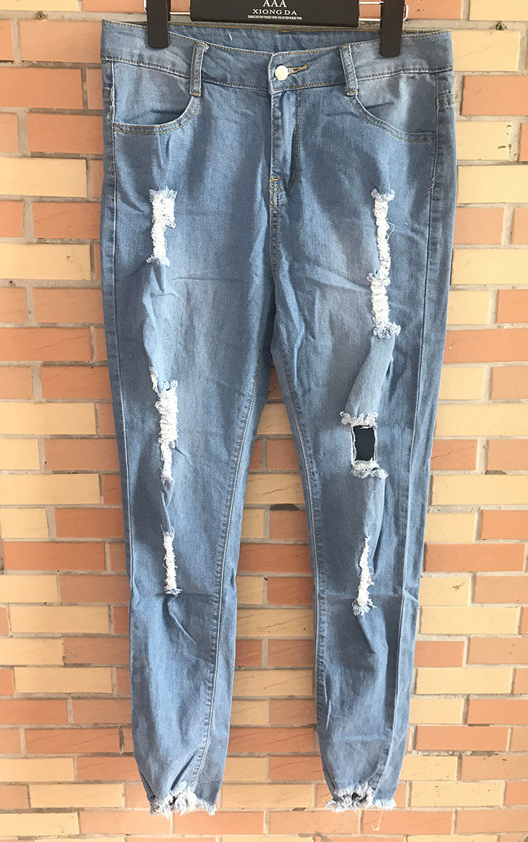 WomenJeans European and American Stretch Cotton Holes Pencil Feet Pants High Waisted Jeans