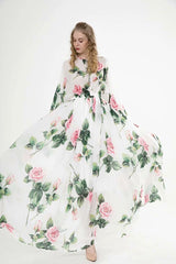 Long Sleeves Floral Printed Lace Up Elegant Maxi Design Casual Dress