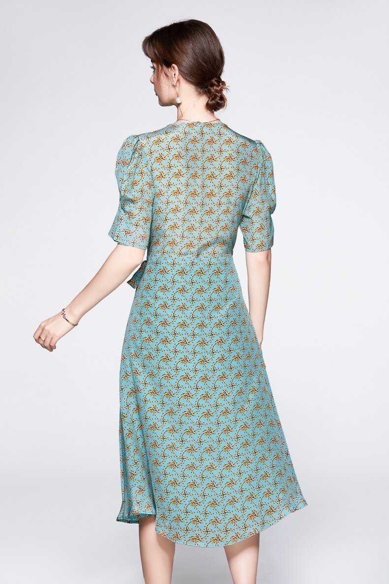 V Neck Short Sleeves Printed Lace Up Fashion Summer Dress