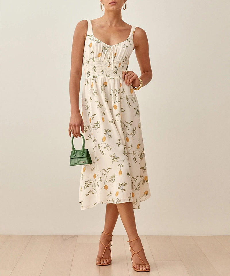 Sleeveless Tank Print Chiffon Summer Dress Waist Casual Midi Dress
