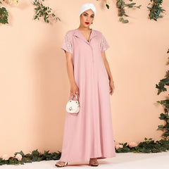 Summer Ladies Fashion Lapel Sequin Stitching Loose and Elegant Thin Arabian Powder Dress Long Dress (without Headscarf)