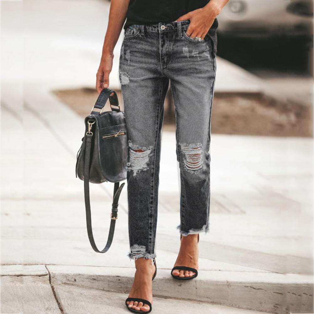 Hole Jeans High Waist Long Pants Solid Color Pocket Decor Zipper Button Placket Jeans