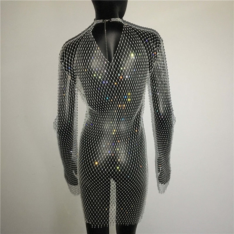 Bling Rhinestones Fishnet Mini Dress Sexy Long Sleeve Crystal Dress
