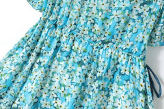 O Neck Short Sleeves Lace Up Waist Floral Printed Elegant Summer Dress