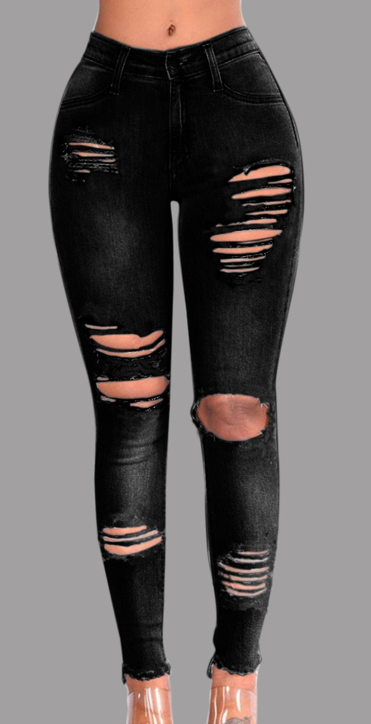 WomenJeans European and American Stretch Cotton Holes Pencil Feet Pants High Waisted Jeans