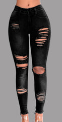 WomenJeans European and American Stretch Cotton Holes Pencil Feet Pants High Waisted Jeans