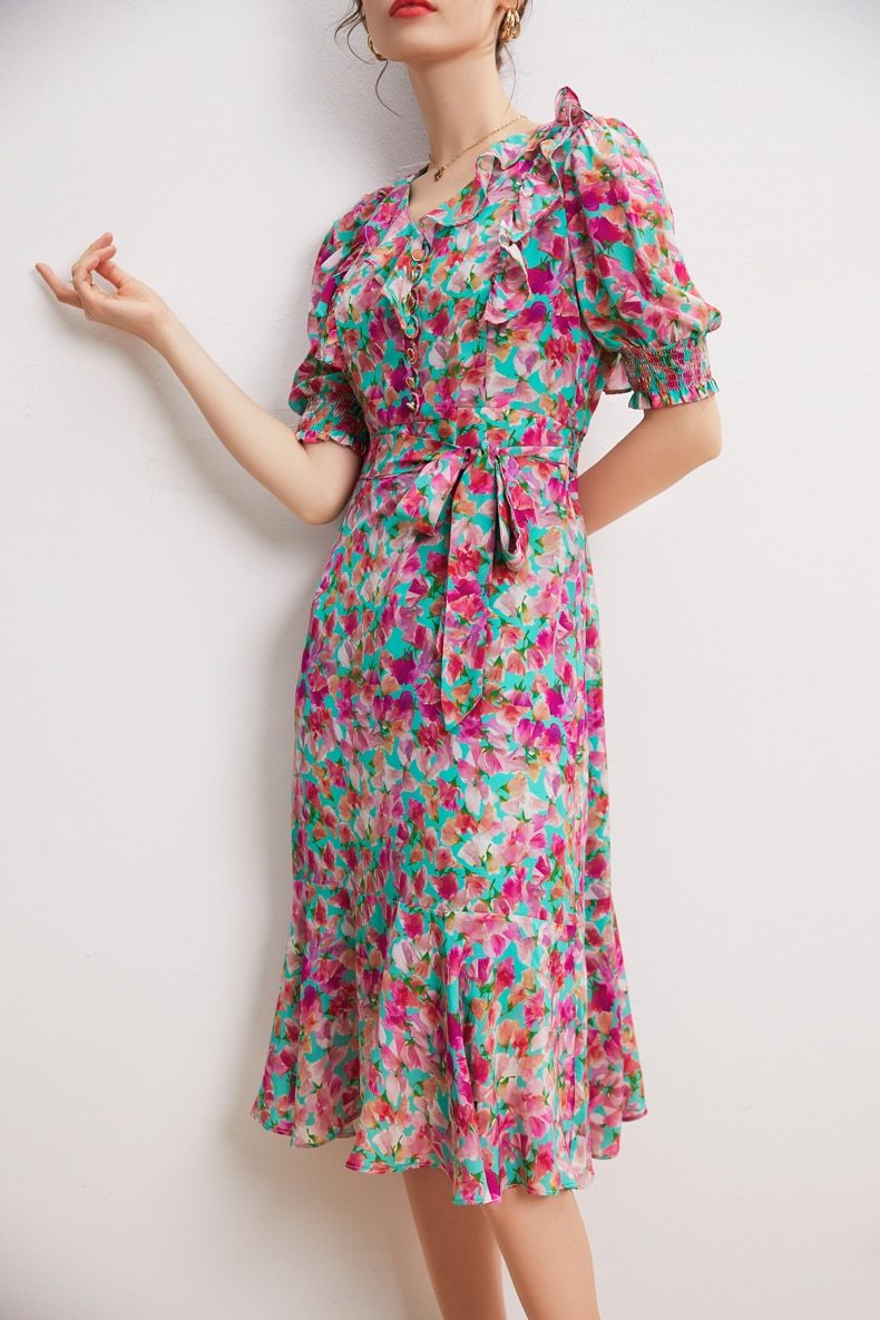 V Neck Short Sleeves Ruffles Sash Belt Printed Fashion Summer Dress