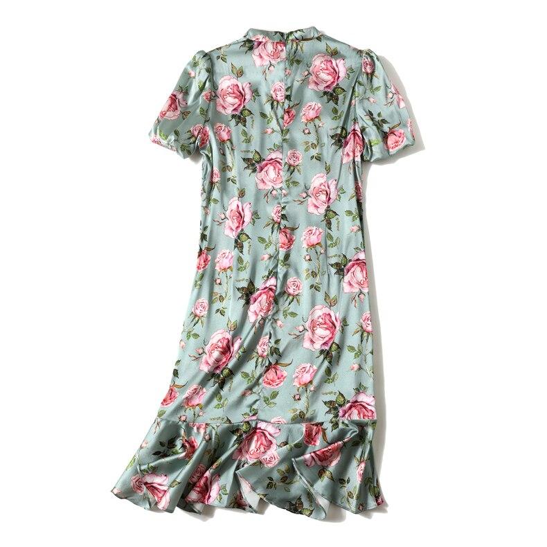 Vintage Stand Collar Short Sleeves Floral Printed Ruffles Elegant Dress Vestidos